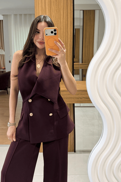 Plum Asymmetric Collar Gold Buttoned Vest and Trousers Set