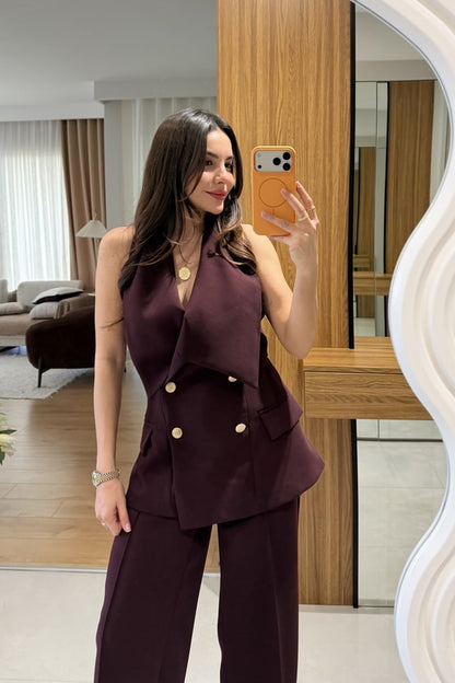 Plum Asymmetric Collar Gold Buttoned Vest and Trousers Set