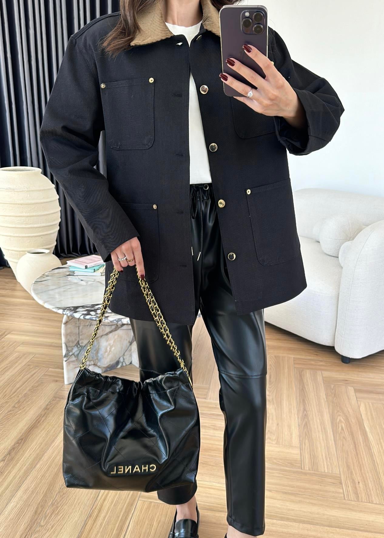 Courdroy Collar jeans Jacket BLACK