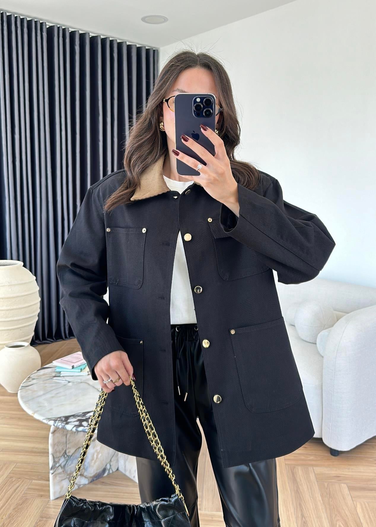 Courdroy Collar jeans Jacket BLACK