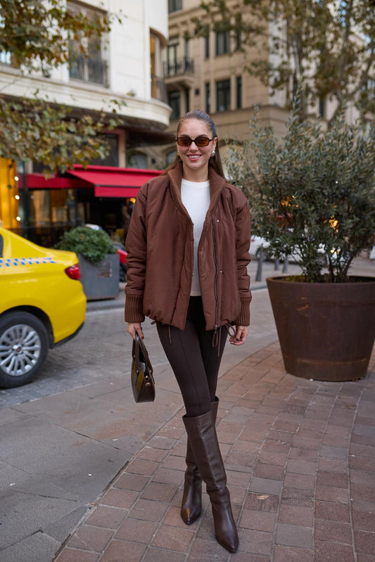 Coffee Brown Bomber Padded Jacket with Elastic Waistband and Drawstring