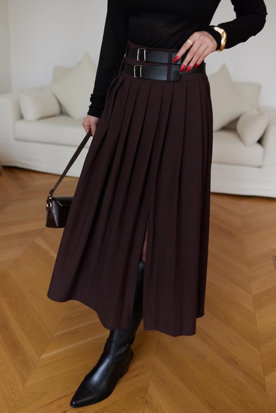 Double belt pleated skirt