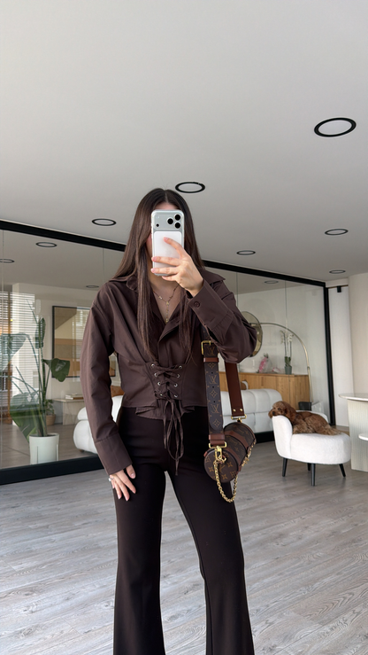 Brown Crop Shirt with Corset Detail