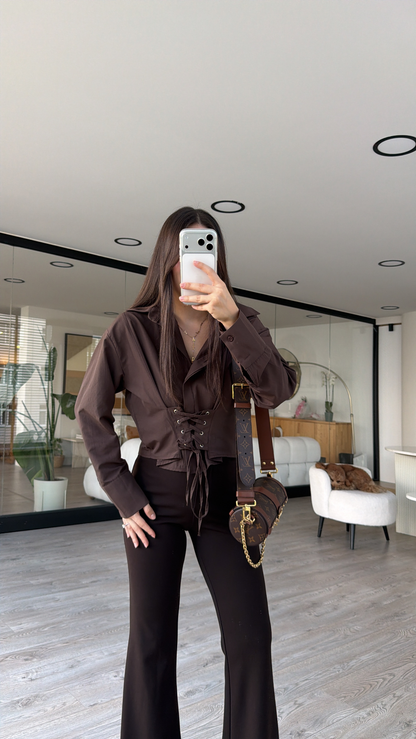 Brown Crop Shirt with Corset Detail