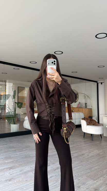Brown Crop Shirt with Corset Detail