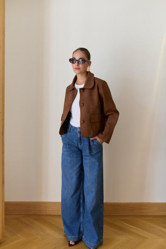 Tan Polo Collar Nubuck Jacket with Front Flap Pockets