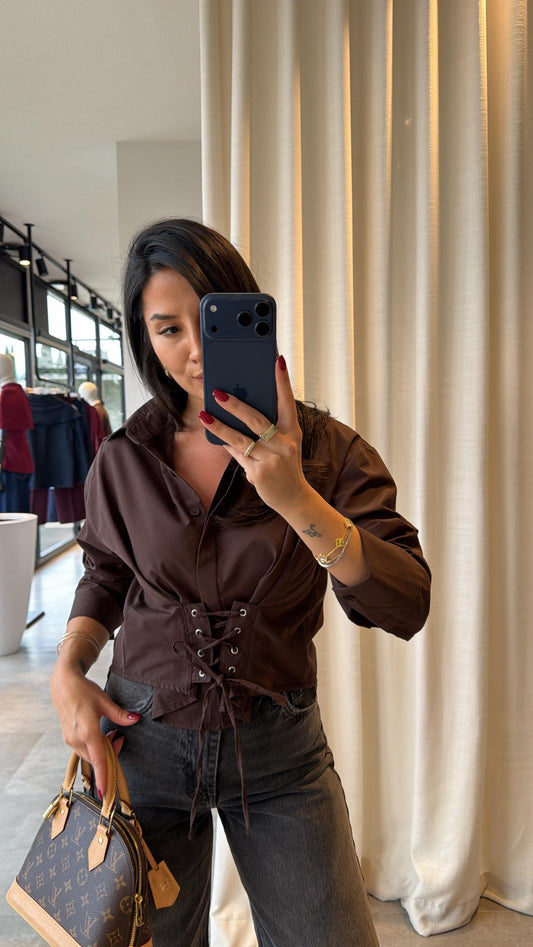 Brown Crop Shirt with Corset Detail