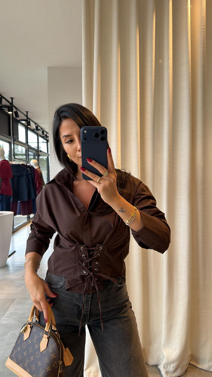 Brown Crop Shirt with Corset Detail