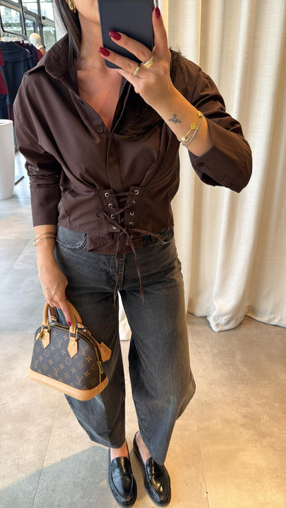 Brown Crop Shirt with Corset Detail