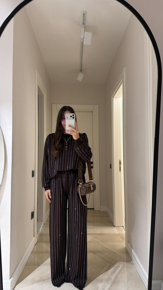 Coffee Stone oysho fabric Embellished Sweatshirt and Pants Set