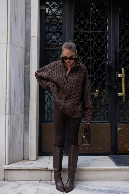 Half Zip Knitted Braided Textured Jumper