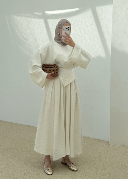 Wide sleeve blouse with Wide-leg trouser with Asymmetric attached Linen Suit