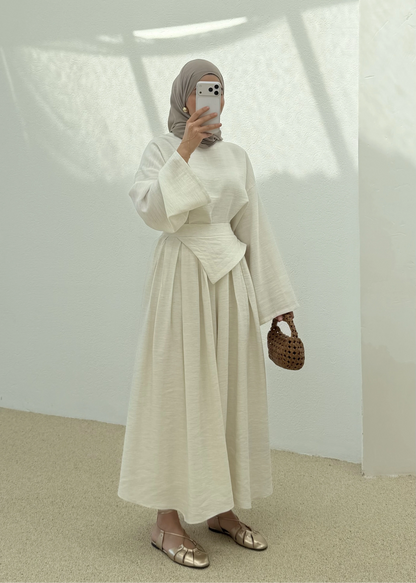 Wide sleeve blouse with Wide-leg trouser with Asymmetric attached Linen Suit