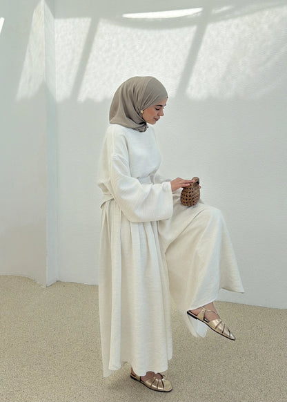 Wide sleeve blouse with Wide-leg trouser with Asymmetric attached Linen Suit