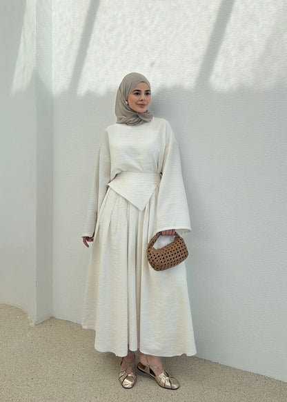 Wide sleeve blouse with Wide-leg trouser with Asymmetric attached Linen Suit
