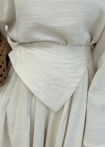 Wide sleeve blouse with Wide-leg trouser with Asymmetric attached Linen Suit