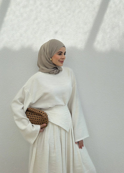 Wide sleeve blouse with Wide-leg trouser with Asymmetric attached Linen Suit