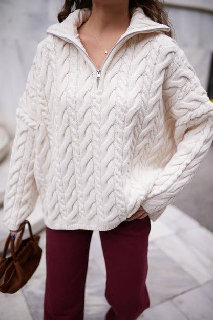 Half Zip Knitted Braided Textured Jumper