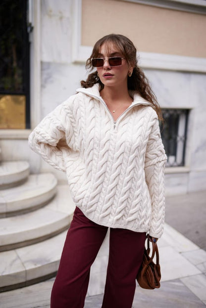 Half Zip Knitted Braided Textured Jumper