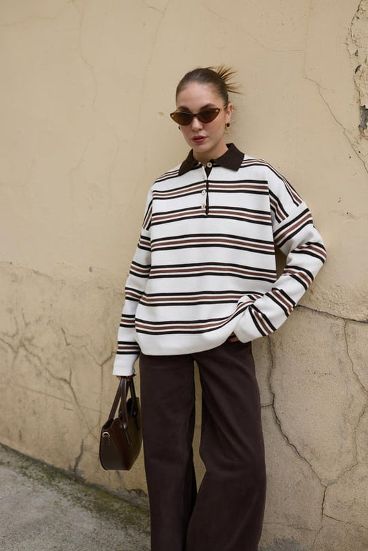 Cream Half-Buttoned Striped Sweater