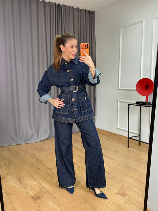 Gold Buttoned Belted Suit