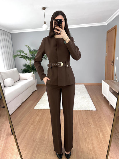 Belted blazer,straight leg trouser co-ord suit