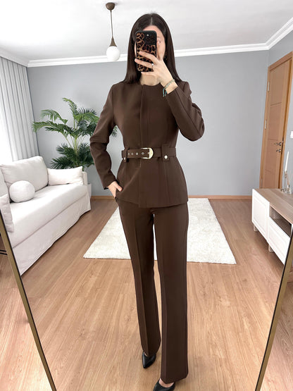 Belted blazer,straight leg trouser co-ord suit