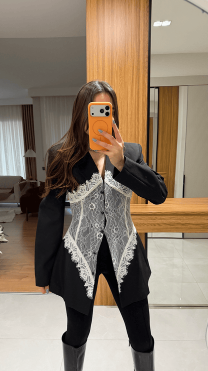 Linay black Blazer Jacket with Lace Details