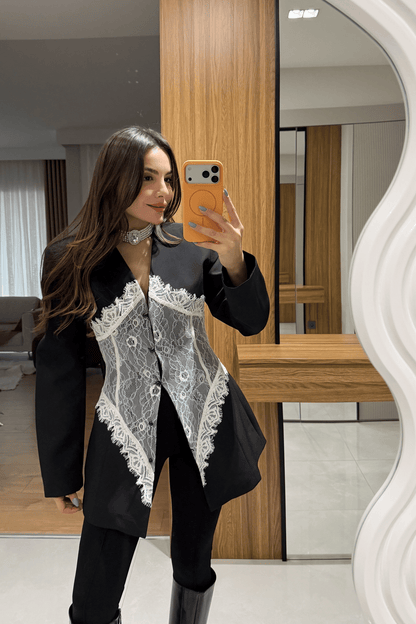 Linay black Blazer Jacket with Lace Details