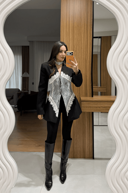 Linay black Blazer Jacket with Lace Details