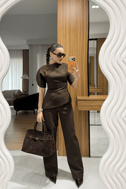 ASYMMETRICAL CUT BALLOON SLEEVE PREMIUM SET-BROWN