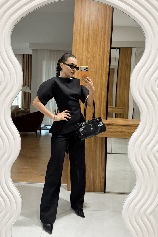 ASYMMETRICAL CUT BALLOON SLEEVE PREMIUM SET-BLACK