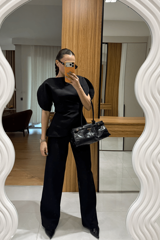 ASYMMETRICAL CUT BALLOON SLEEVE PREMIUM SET-BLACK