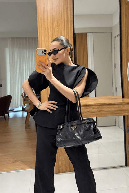 ASYMMETRICAL CUT BALLOON SLEEVE PREMIUM SET-BLACK