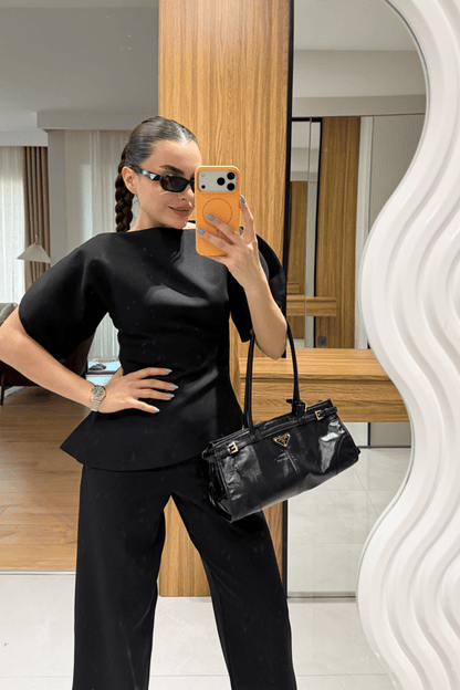 ASYMMETRICAL CUT BALLOON SLEEVE PREMIUM SET-BLACK