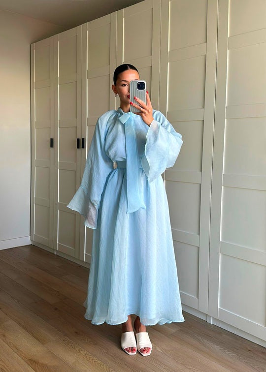 Ruffle sleeve shirt with tie at neck,maxi skirt co-ord set