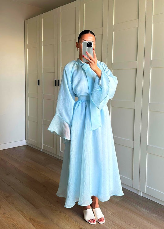 Ruffle sleeve shirt with tie at neck,maxi skirt co-ord set