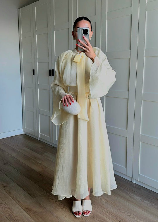 Ruffle sleeve shirt with tie at neck,maxi skirt co-ord set