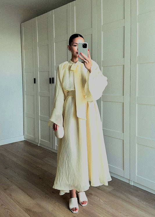 Ruffle sleeve shirt with tie at neck,maxi skirt co-ord set