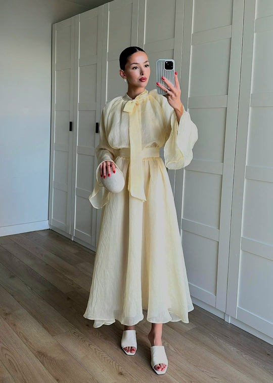 Ruffle sleeve shirt with tie at neck,maxi skirt co-ord set