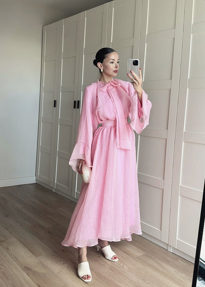 Ruffle sleeve shirt with tie at neck,maxi skirt co-ord set