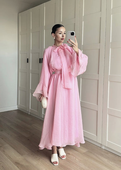 Ruffle sleeve shirt with tie at neck,maxi skirt co-ord set