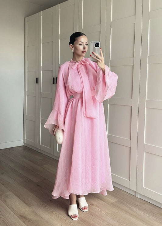 Ruffle sleeve shirt with tie at neck,maxi skirt co-ord set