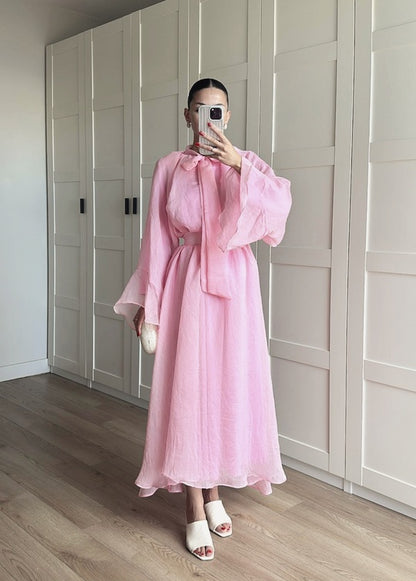 Ruffle sleeve shirt with tie at neck,maxi skirt co-ord set