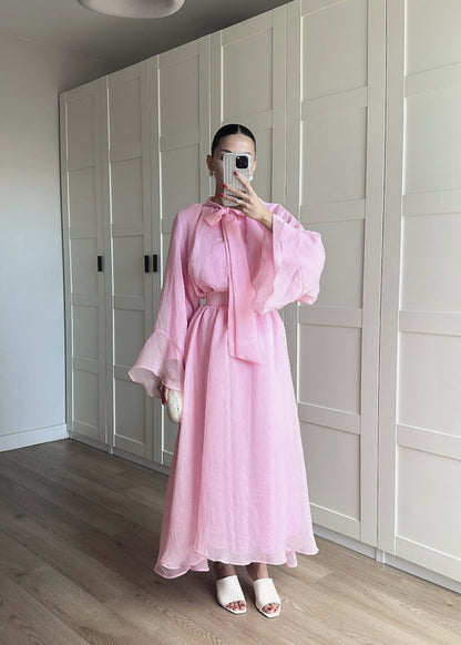 Ruffle sleeve shirt with tie at neck,maxi skirt co-ord set