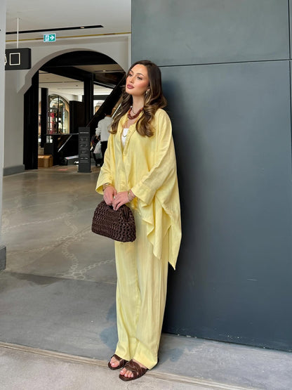 Premium linen bat sleeve shirt, waistband wide leg trouser co-ord set