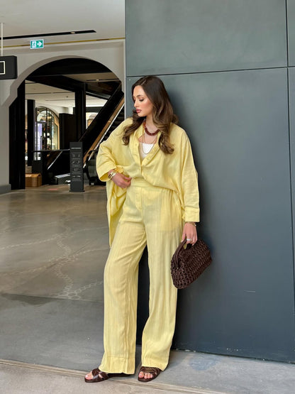 Premium linen bat sleeve shirt, waistband wide leg trouser co-ord set
