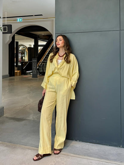 Premium linen bat sleeve shirt, waistband wide leg trouser co-ord set