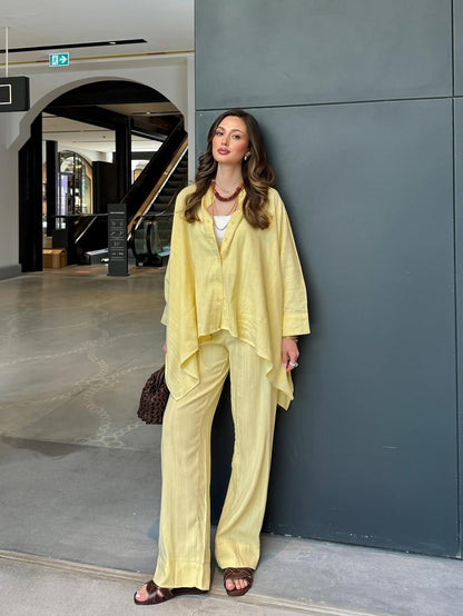 Premium linen bat sleeve shirt, waistband wide leg trouser co-ord set