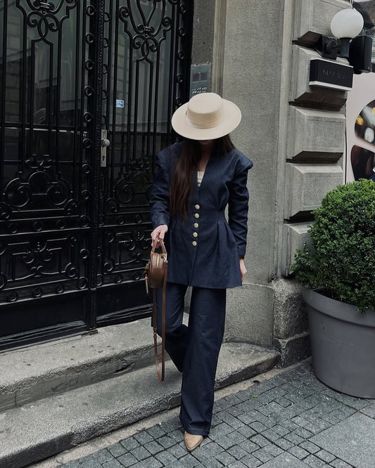 Denim suit with golden buttons ,Featuring pleats at the waist